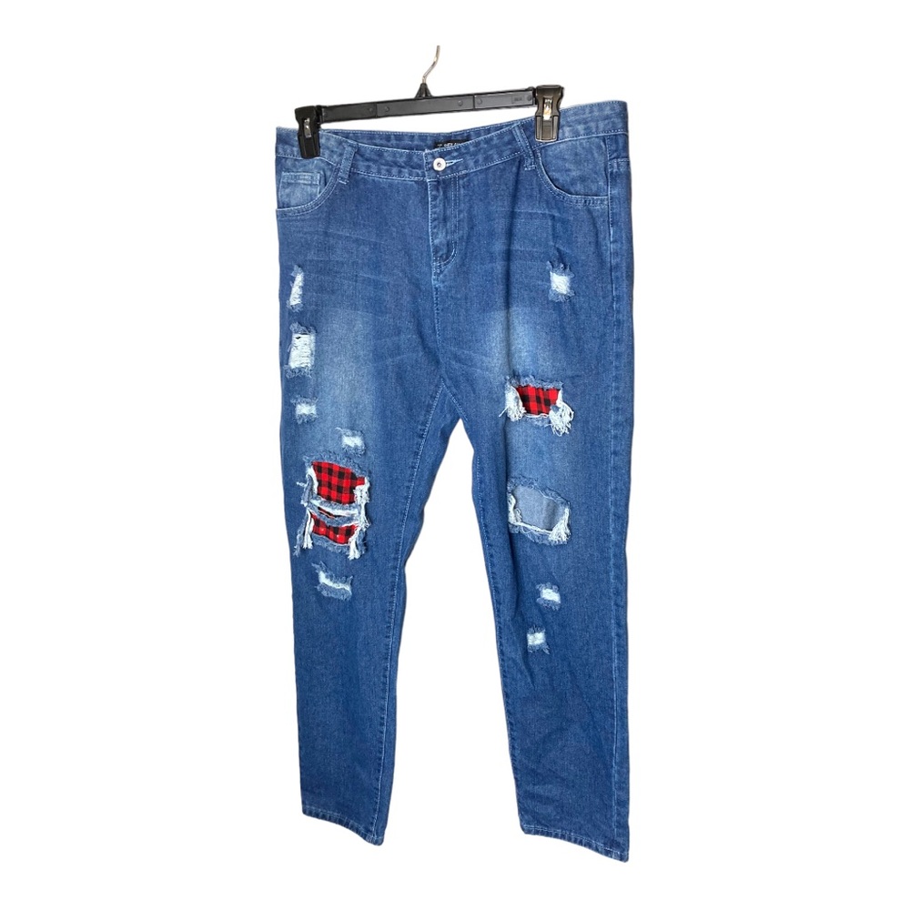 Boyfriend Distressed Jeans with Patchwork Plaid by SheilaY Size 3X